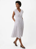 EMILY Violet Stripe Linen Maxi Dress — Button-Front Cap Sleeve