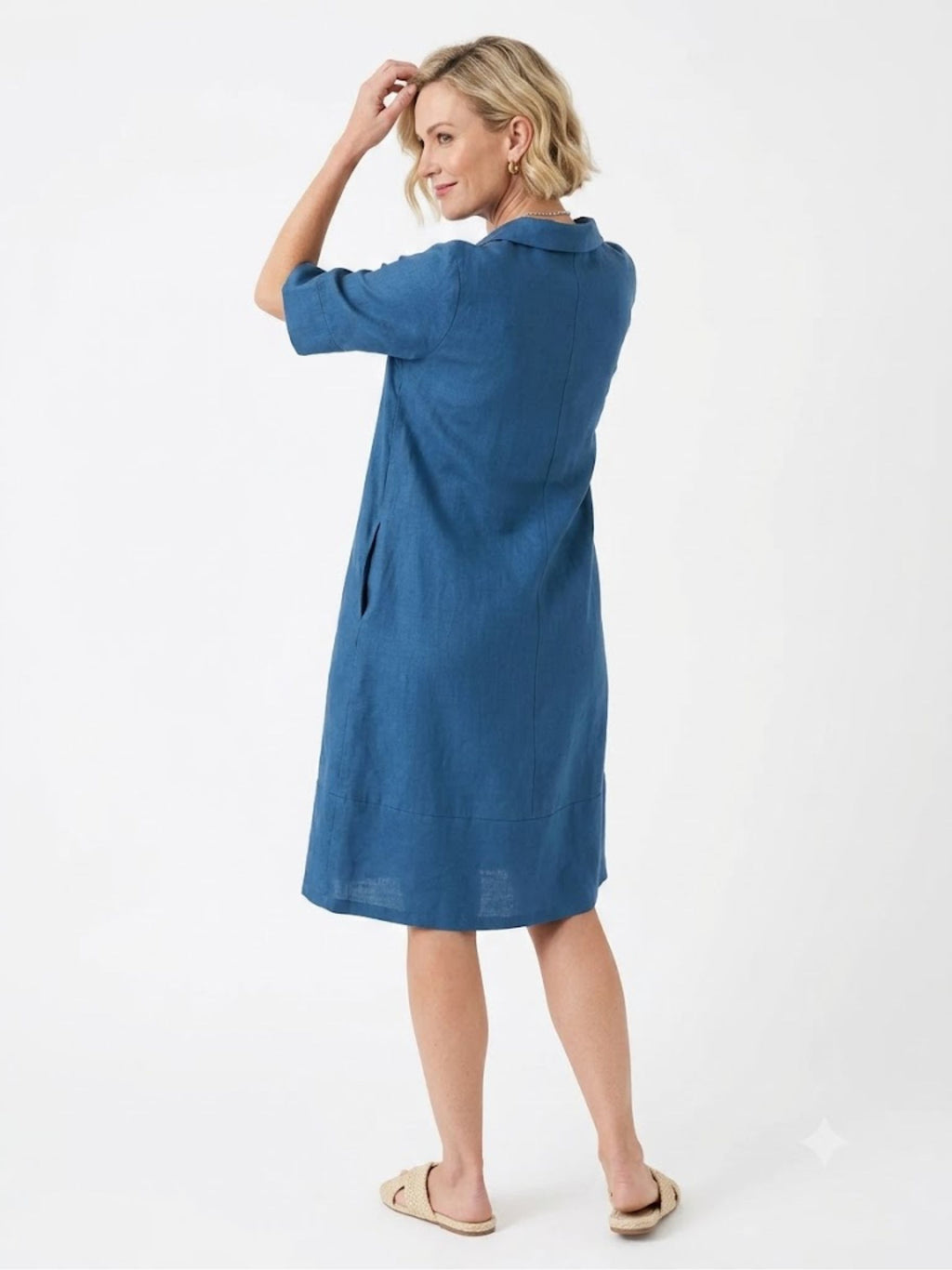 NINA Sea Blue Linen Mini Dress — Shawl V-Neck Half Sleeve