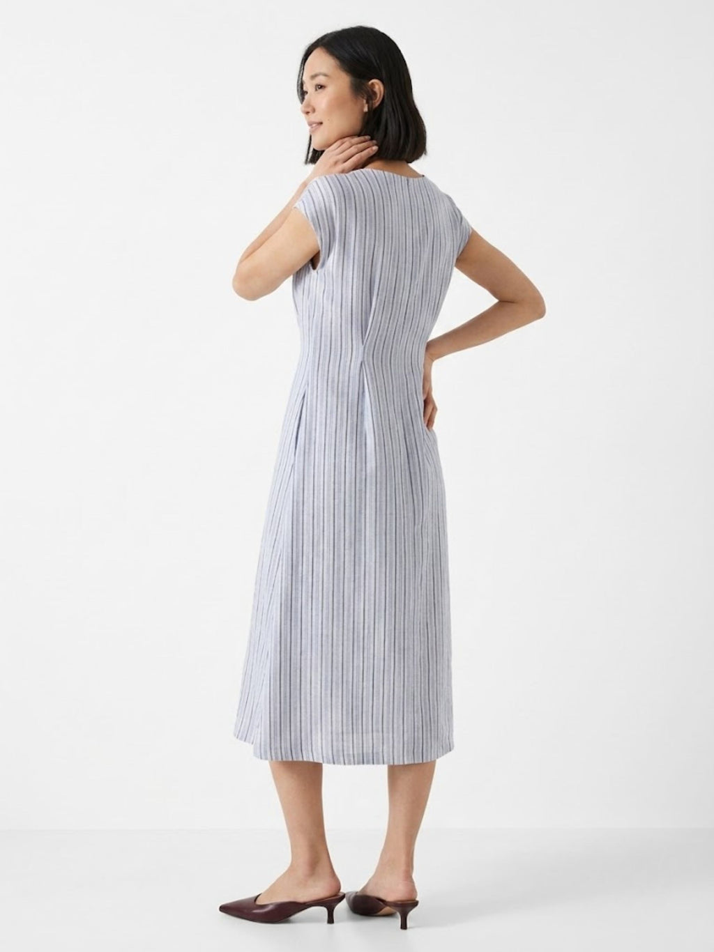 EMILY Violet Stripe Linen Maxi Dress — Button-Front Cap Sleeve