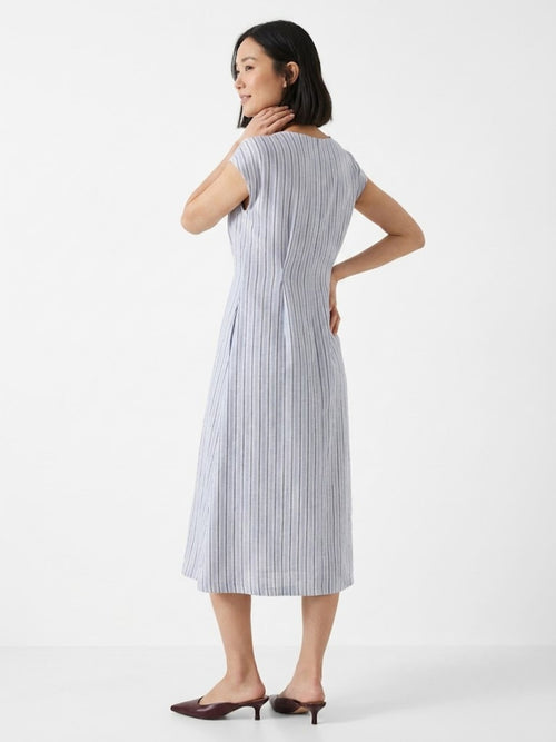 EMILY Violet Stripe Linen Maxi Dress — Button-Front Cap Sleeve