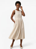 SOPHIA Oat Linen Pleated Maxi Dress — Sleeveless High-Waist