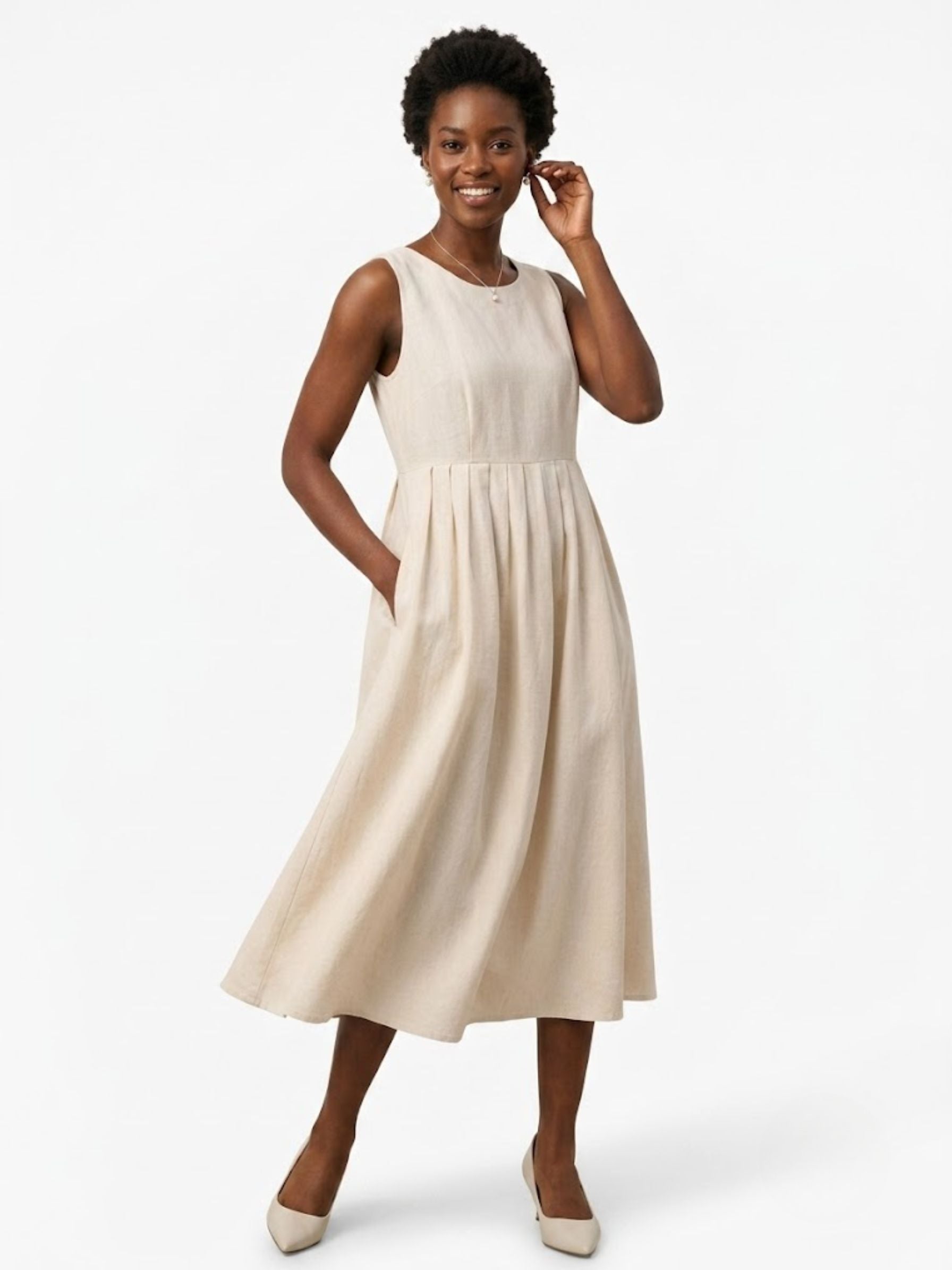 SOPHIA Oat Linen Pleated Maxi Dress — Sleeveless High-Waist