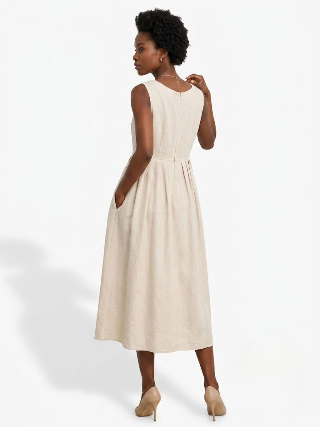 SOPHIA Oat Linen Pleated Maxi Dress — Sleeveless High-Waist