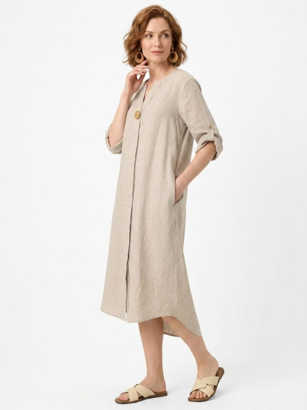 EMMA Natural Melange Linen Maxi Dress — Stand Collar Tab Sleeve