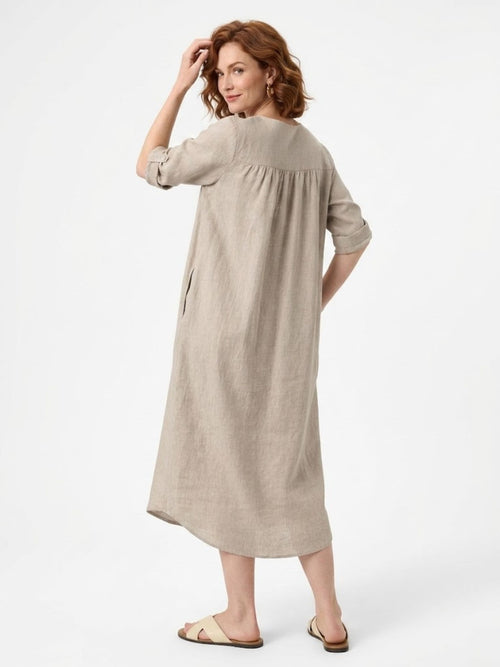 EMMA Natural Melange Linen Maxi Dress — Stand Collar Tab Sleeve