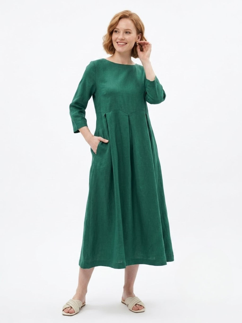 OLIVIA Verdant Green Linen Pleated Maxi Dress — Bateau Neck Long Sleeve