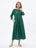 OLIVIA Verdant Green Linen Pleated Maxi Dress — Bateau Neck Long Sleeve