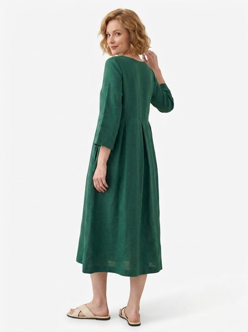 OLIVIA Verdant Green Linen Pleated Maxi Dress — Bateau Neck Long Sleeve