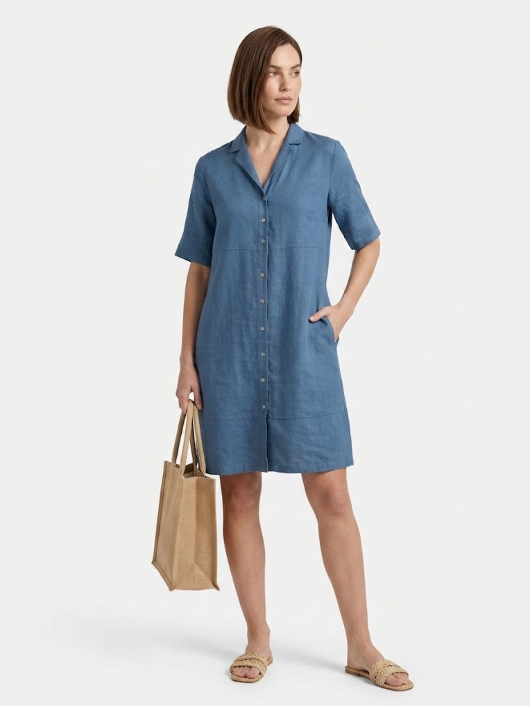 NINA Sea Blue Linen Mini Dress — Shawl V-Neck Half Sleeve